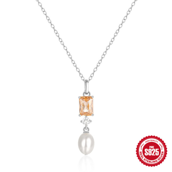 Sterling Silver Pearl & Peach Stone Pendant Necklace