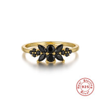 Gold-Tone Floral Ring with Black Stones
