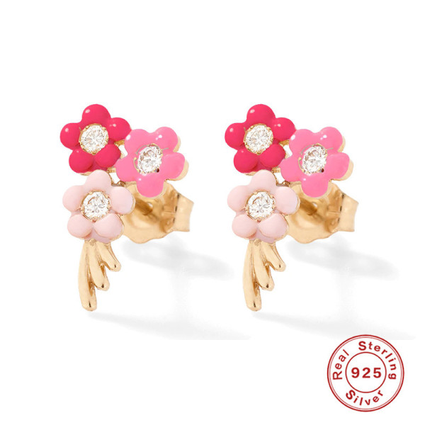 925 Silver Enamel Floral Stud Earrings
