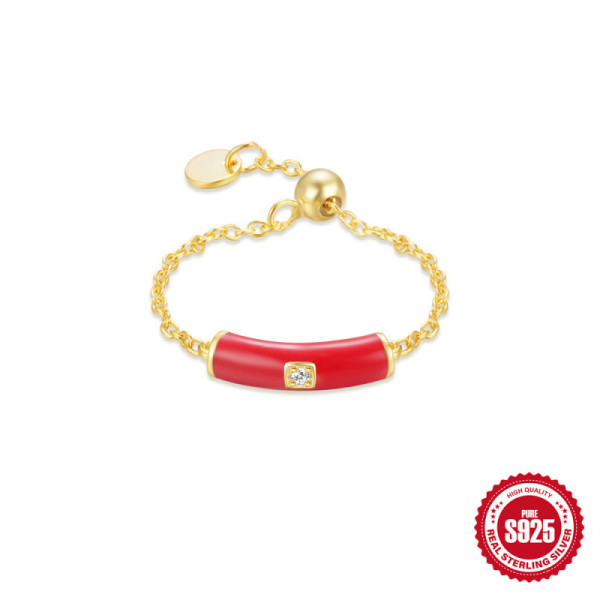 925 Silver Red Enamel Gold Chain Bracelet