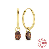 Gold-Plated Small Hoop Earrings with Brown Stone