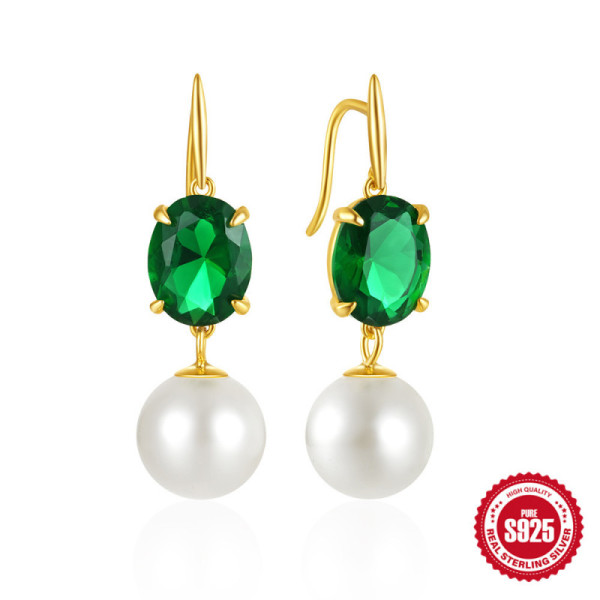 925 Silver Green Stone Pearl Drop Earrings