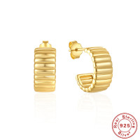 925 Silver Gold-Tone Ribbed Medium Hoop Earrings