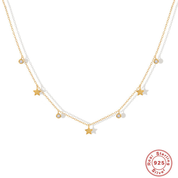 Gold-Plated Star Station Necklace with CZ