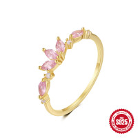 925 Silver Gold Band Ring with Pink Stones
