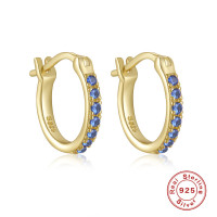 Gold Huggie Earrings with Blue Stones