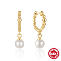Gold Beaded Pearl Drop Huggie Earrings