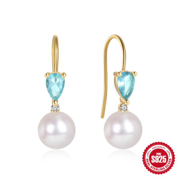 Gold-Plated Aqua Pearl Drop Earrings