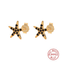 Gold-Finish Star Stud Earrings with Black Stones