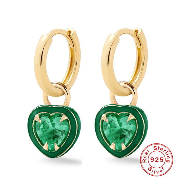 Gold Huggie Earrings with Green Heart Charm