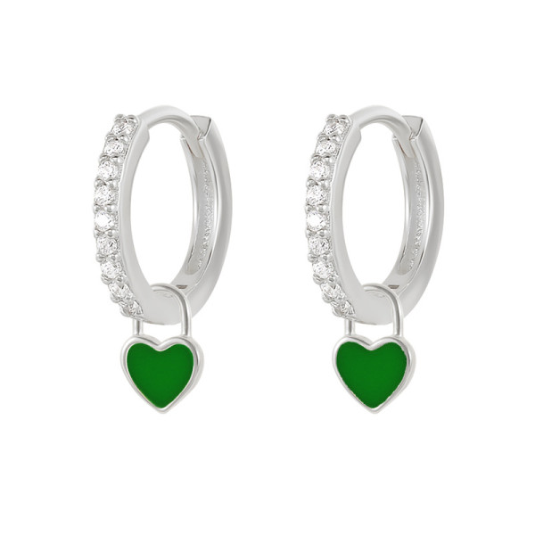 925 Silver Green Enamel Heart Hoop Earrings
