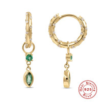 Gold Hoop Earrings with Emerald Dangle