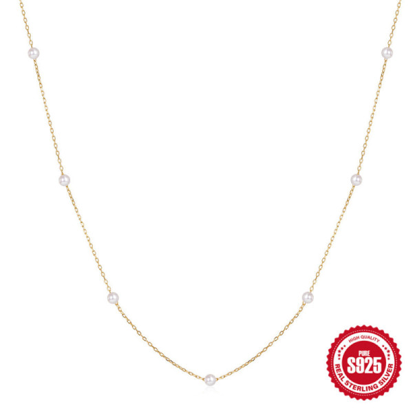925 Silver Gold Station Pearl Necklace