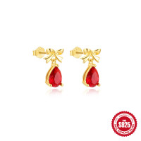 Gold-Plated Bow Drop Earrings with Red Stones