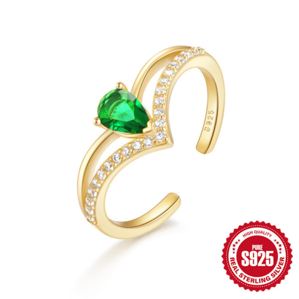 Gold-Tone Sterling Silver Green Stone Ring