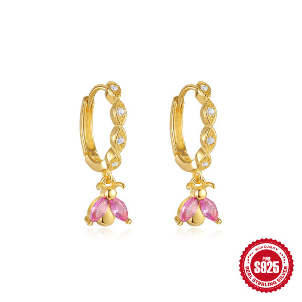 Gold-Plated Floral Hoop Earrings with Pink Stones