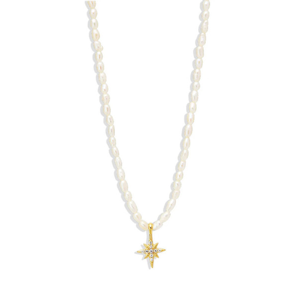925 Silver Gold Star Charm Pearl Necklace