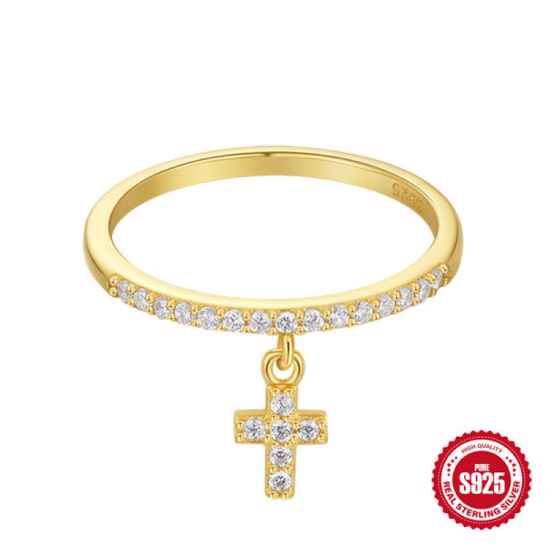 Gold-Plated Pavé Cross Charm Ring