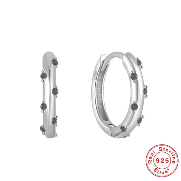 925 Silver Small Hoop Earrings with Black Stones