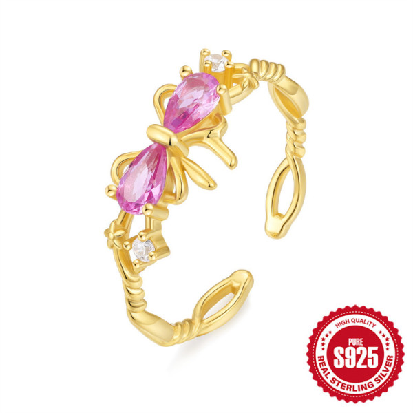 925 Silver Gold-Tone Bow Ring with Pink Gem