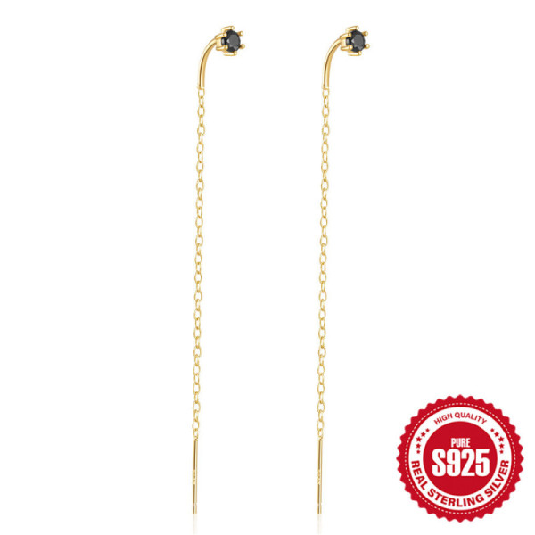 925 Silver Gold-Tone Onyx Threader Earrings