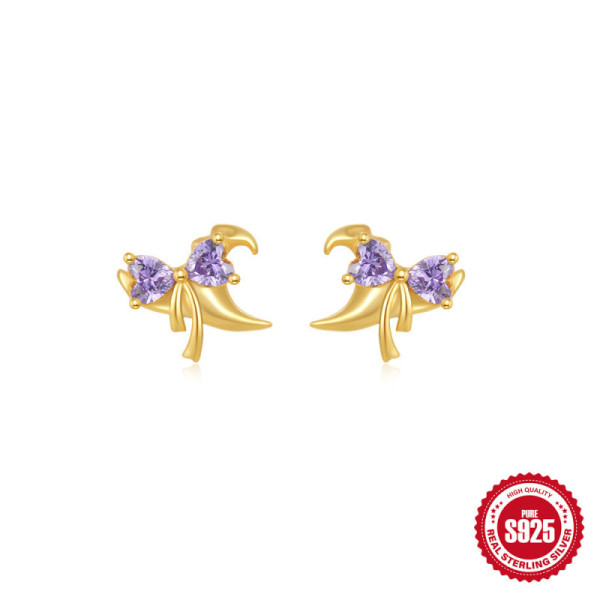Gold Bow Stud Earrings with Purple Stones