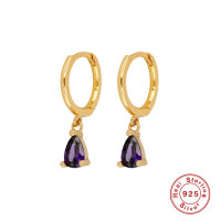Gold Huggie Earrings with Amethyst Drop
