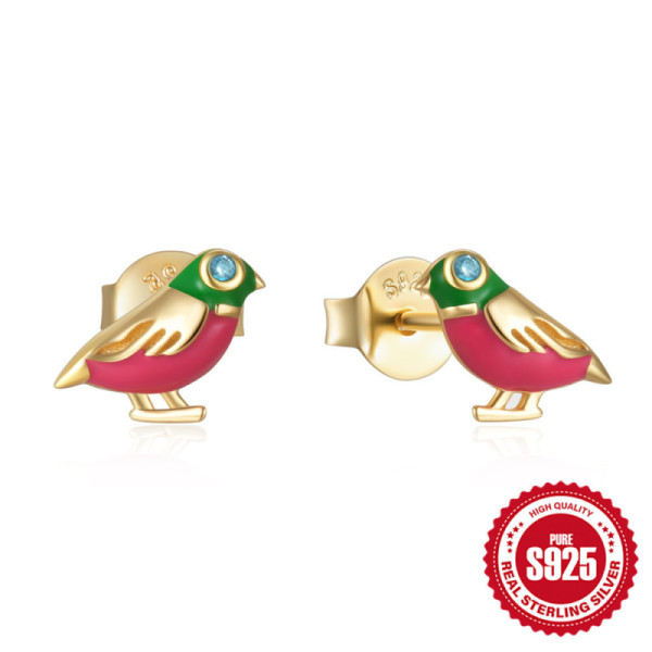 925 Silver Enamel Bird Stud Earrings