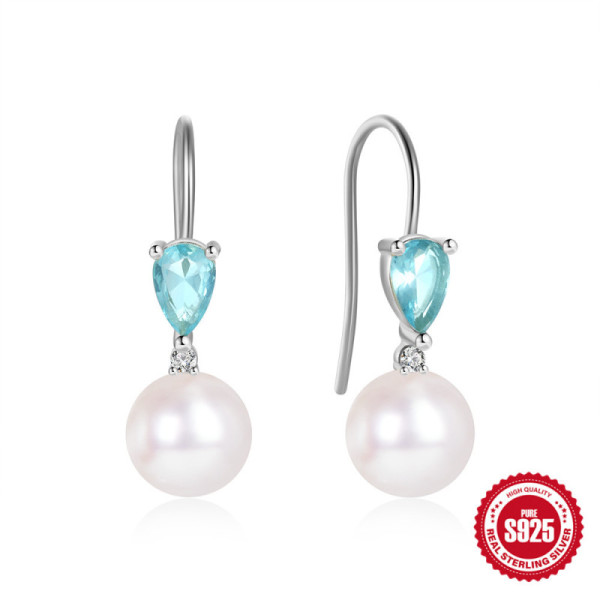 925 Silver Aquamarine Pearl Drop Earrings