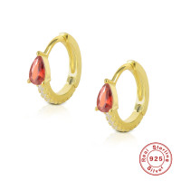 Gold-Plated Silver Huggie Earrings with Red Stone