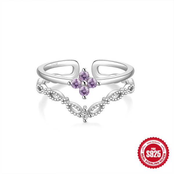 925 Silver Floral Adjustable Amethyst Ring