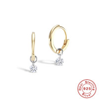 Two-Tone Silver Huggie Earrings with CZ Drop