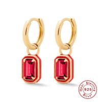 Gold Huggie Earrings with Red Stones