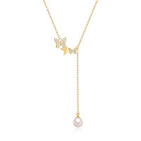 Gold Butterfly Lariat Necklace with Pearl Drop
