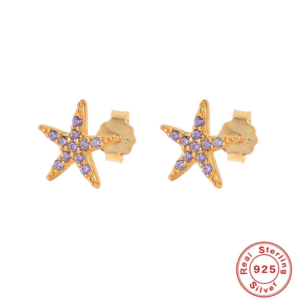 Gold Starfish Stud Earrings with Purple Stones