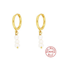 925 Silver Gold-Tone Pearl Hoop Earrings