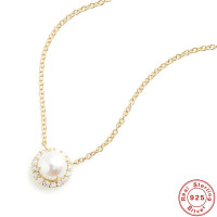 Gold Halo Freshwater Pearl Pendant Necklace