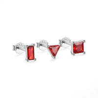 Sterling Silver Red Geometric Stud Earrings Set