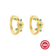 Gold-Plated Floral Huggie Earrings with Green Stones
