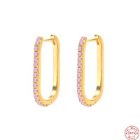 Gold-Plated Medium Hoop Earrings with Pink Stones