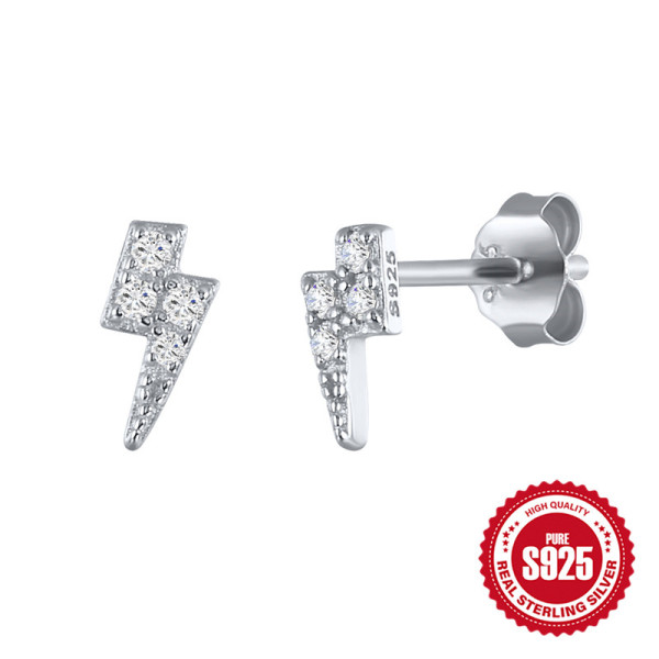 Sterling Silver Lightning Bolt Pavé Stud Earrings