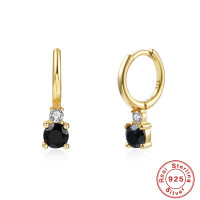 Gold Huggie Earrings with Black Stones
