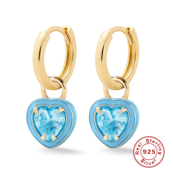 Gold Huggie Earrings with Blue Heart Stones