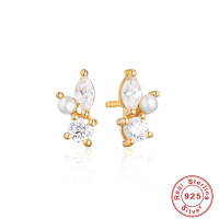 925 Silver Gold-Plated Pearl and Stone Stud Earrings