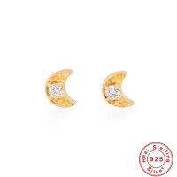 925 Silver Gold-Tone Crescent Moon Stud Earrings