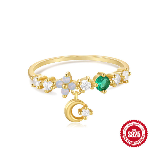 925 Silver Gold-Plated Moon Charm Ring
