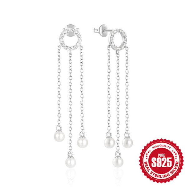 Sterling Silver Pavé Circle Pearl Dangle Earrings