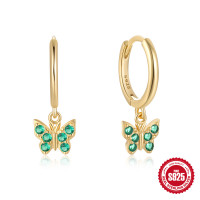 Gold-Plated Butterfly Hoop Earrings with Green Stones