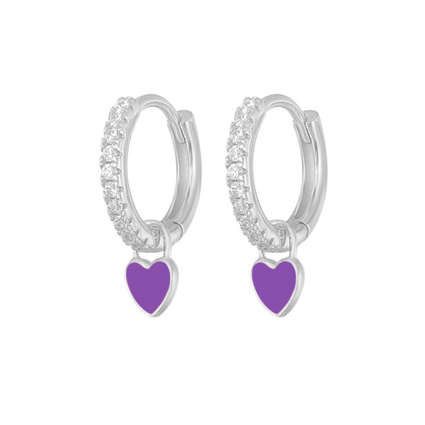 925 Silver Huggie Earrings with Purple Heart Charm
