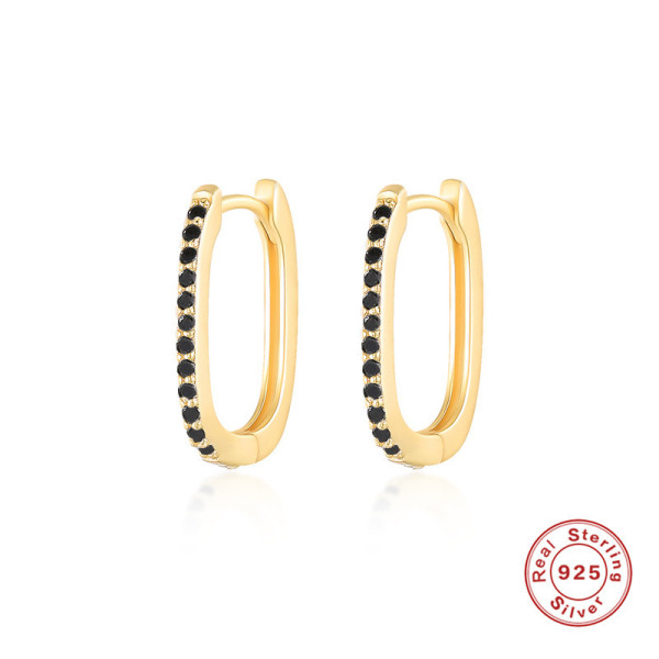 Gold-Plated Small Hoop Earrings with Black Stones